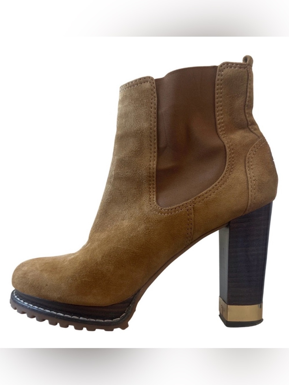 Tory Burch Virginia Luggage Suede‎ Chelsea Lug Sole Booties Sz 7.5